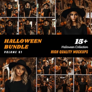 Halloween Shirt Mockup Bundle - Crewneck Sweatshirt and T-Shirt Mock Ups, Fall Theme, Pumpkins and Witches