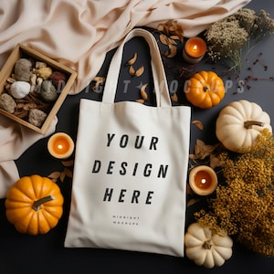 Natural Canvas Tote Bag Mockup - Fall Halloween Pumpkin Theme
