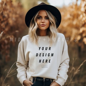 White Crewneck Sweatshirt Mockup - Boho Model Fall Mockup