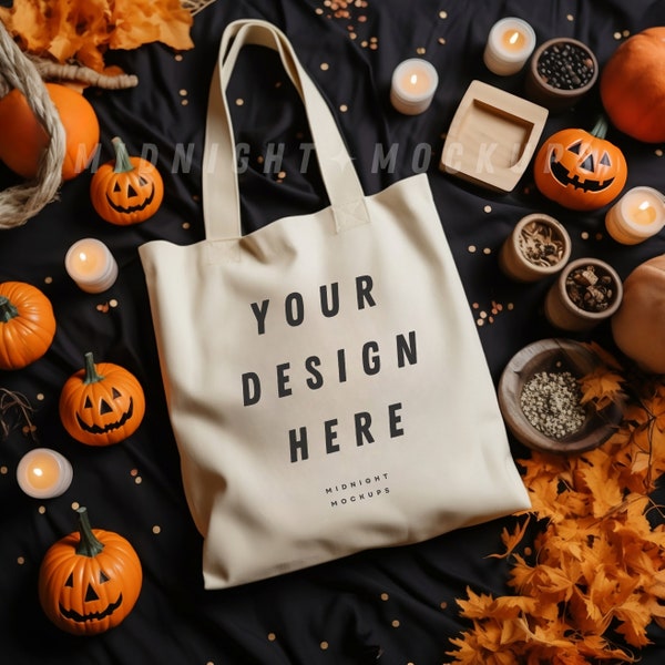 Natural Canvas Tote Bag Mockup - Fall Halloween Pumpkin Theme