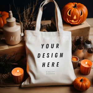 Natural Canvas Tote Bag Mockup - Fall Halloween Pumpkin Theme
