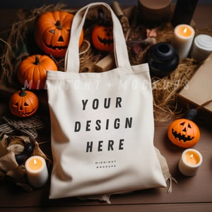Natural Canvas Tote Bag Mockup - Fall Halloween Pumpkin Theme