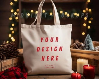 Natural Canvas Tote Bag Mockup - Rustic Holiday Christmas Theme