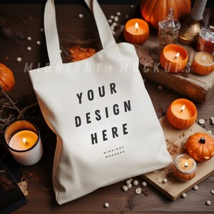 Natural Canvas Tote Bag Mockup - Fall Halloween Pumpkin Theme