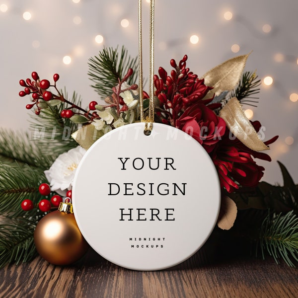 PSD & JPG White Ceramic Christmas Ornament Mockup - Moody Red, Green and Gold Holiday Floral Christmas Tree Blank Ornament