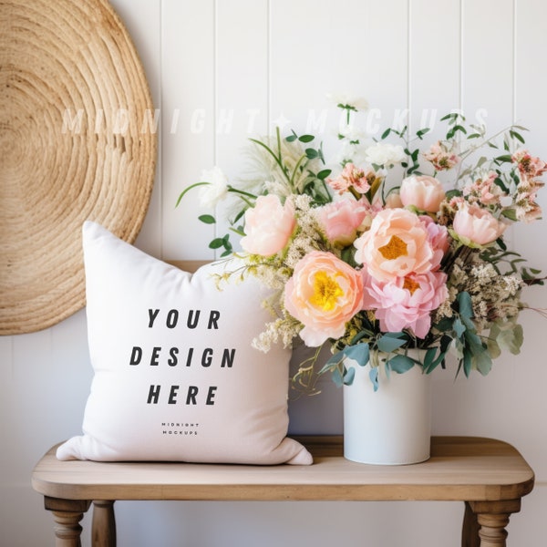 Styled Decorative Accent Throw Pillow Overlay Mockup - Blank Mock Up Spring Florals Entry Way Bench Mock Up