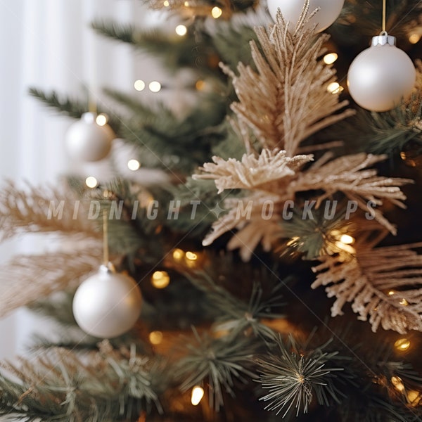 Background Holiday Stock Image - Boho Christmas Tree with Twinkling Lights Product Display Styled Stock Photo