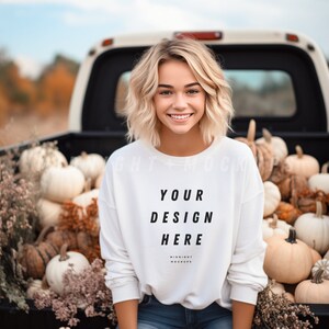 White Crewneck Sweatshirt Mockup - Fall Pumpkins Vintage Truck Model Mock Up