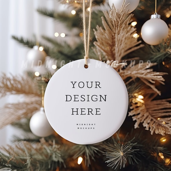 PSD & JPG White Ceramic Christmas Ornament Mockup - Christmas Tree Blank Ornament