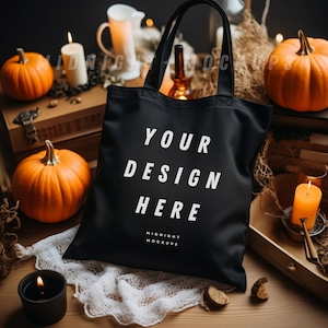 Black Canvas Tote Bag Mockup - Fall Halloween Pumpkin Theme