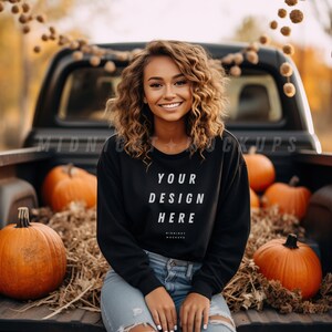 Black Crewneck Sweatshirt Mockup - Fall Pumpkins Vintage Truck Model Mock Up
