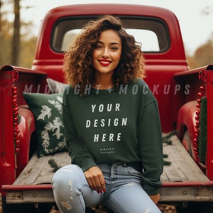 Forest Green Crewneck Sweatshirt Mockup - Christmas Holiday Vintage Truck Model Mock Up