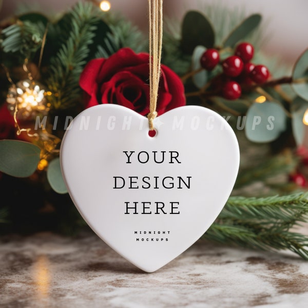 PSD & JPG White Ceramic Heart Shaped Christmas Ornament Mockup - Moody Red, Green and Gold Holiday Floral Christmas Tree Blank Ornament