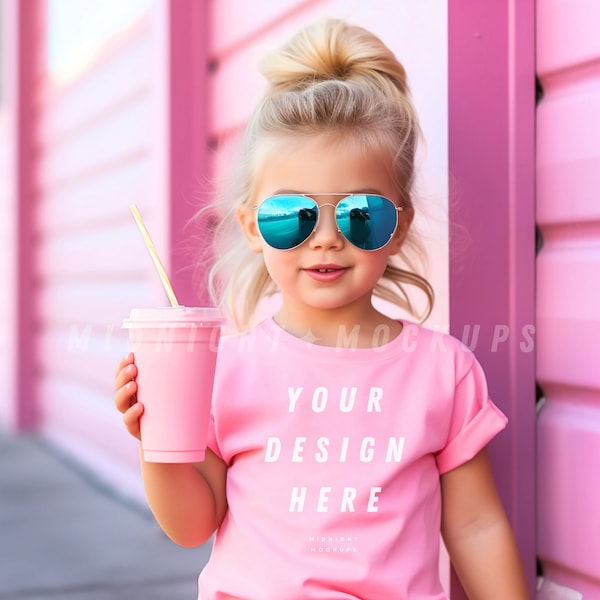 Children's Pink T-Shirt Mockup - Colorful Bright Fun Back to School Pink Fashion Doll Influencer Theme