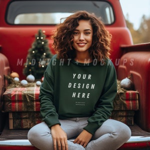Forest Green Crewneck Sweatshirt Mockup - Christmas Holiday Vintage Truck Model Mock Up