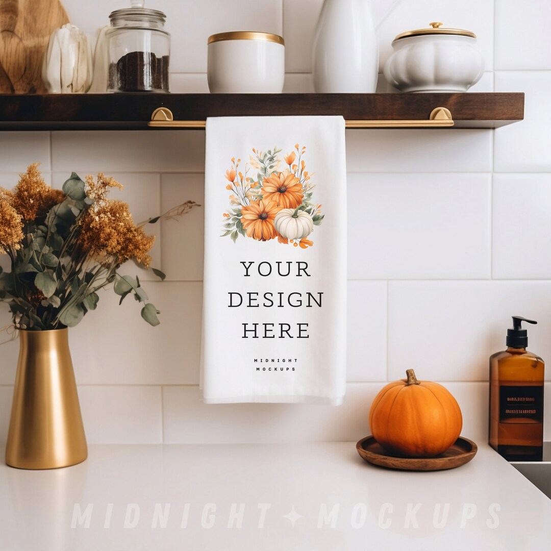 PSD & JPG White Tea Towel Mockup Thanksgiving Fall Kitchen Hand Towel