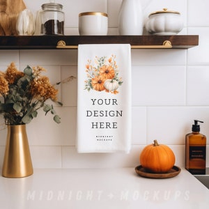 PSD & JPG White Tea Towel Mockup - Thanksgiving Fall Kitchen Hand Towel Mock Up