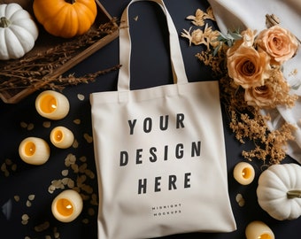 Natural Canvas Tote Bag Mockup - Fall Halloween Pumpkin Theme