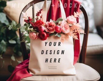 Natural Canvas Tote Bag Mockup - Red and White Floral Valentine's Day Mock Up