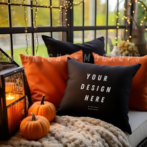 Maquette de superposition de coussin décoratif de style - Maquette noire vierge sur le thème d'Halloween d'automne