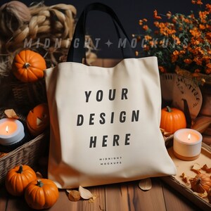 Natural Canvas Tote Bag Mockup - Fall Halloween Pumpkin Theme