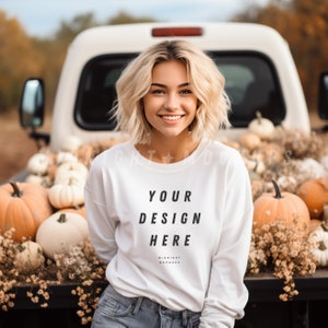 White Crewneck Sweatshirt Mockup - Fall Pumpkins Vintage Truck Model Mock Up
