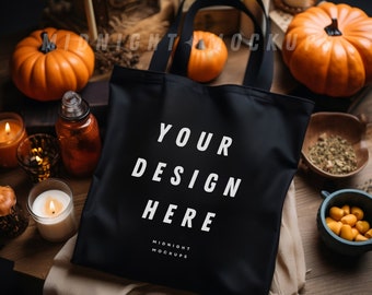 Black Canvas Tote Bag Mockup - Fall Halloween Pumpkin Theme