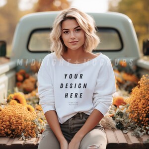 White Crewneck Sweatshirt Mockup - Fall Pumpkins Vintage Truck Model Mock Up