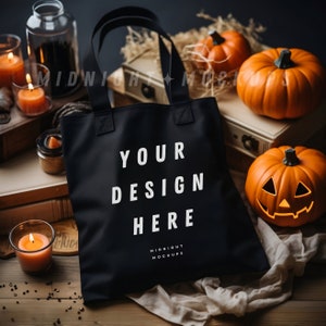 Black Canvas Tote Bag Mockup - Fall Halloween Pumpkin Theme