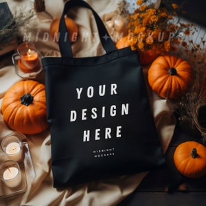 Black Canvas Tote Bag Mockup - Fall Halloween Pumpkin Theme