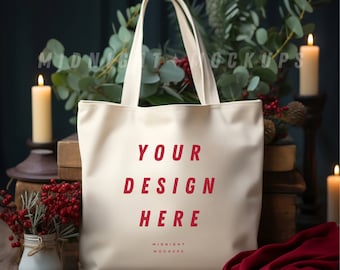 Natural Canvas Tote Bag Mockup - Rustic Holiday Christmas Theme