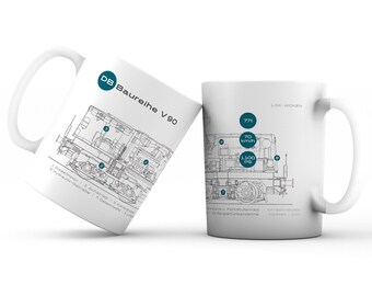 Railway mug, locomotive V 90 with technical drawing, design in the style of the 1960s