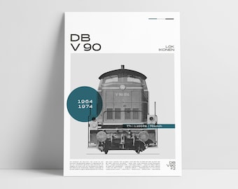 Railway poster, locomotive V 90 information poster, white - gift for model railway enthusiasts / decorative hobby room