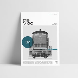 Railway poster, locomotive V 90 information poster, white - gift for model railway enthusiasts / decorative hobby room