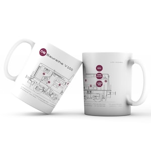 Railway mug, locomotive V 100 with technical drawing, design in the style of the 1960s