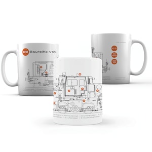 Railway mug, locomotive V 60 with technical drawing, design in the style of the 1960s