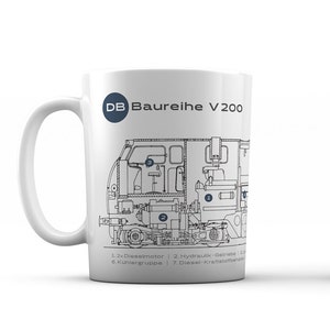Railway mug, locomotive V 200 with technical drawing, design in the style of the 1960s