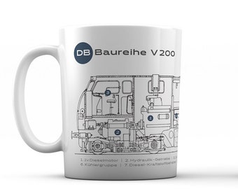 Railway mug, locomotive V 200 with technical drawing, design in the style of the 1960s