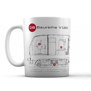 Railway mug, locomotive V 160 with technical drawing, design in the style of the 1960s