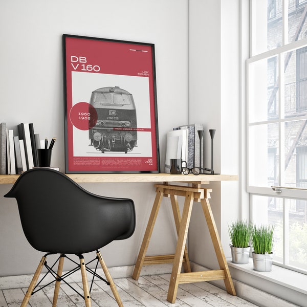 Affiche de la Deutsche Bahn, affiche d'information sur la locomotive V 160, rouge oriental - l'histoire dans un nouveau design