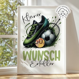Könnte beinhalten: Gerahmter Druck mit einer Illustration eines Fußballschuhs, eines Fußballs und eines Tennisschlägers. Der Druck trägt die Worte "Kleiner Wunsch Erfüller" in Grün und Schwarz. Ein kleiner Kreis mit der Zahl 50 ist ebenfalls sichtbar.