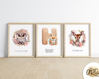 personalized poster for kids room | baby room | Set of 3 | Image gift for birth | boy | girl | Forest animals deer, owl | PDF