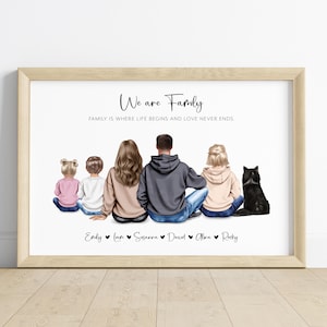 Könnte beinhalten: Gerahmter Druck mit einer Familienillustration und einem Hund. Der Text "We are Family" und "FAMILY IS WHERE LIFE BEGINS AND LOVE NEVER ENDS" sind abgebildet. Die Namen der Familienmitglieder sind unten aufgeführt.
