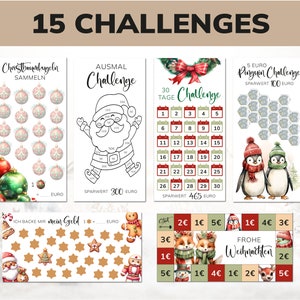 May include: A set of 15 Christmas-themed printable challenge cards. The cards feature various activities like collecting Christmas ornaments, coloring a Santa Claus, and completing a 30-day calendar challenge. The cards also include a penguin challenge, a gingerbread cookie challenge, and a Christmas countdown calendar.