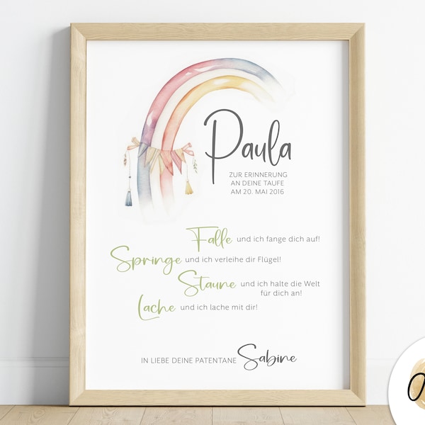 personalisiertes Geschenk zur Taufe | Geschenk zur Taufe Mädchen Junge | Taufgeschenk Patenkind | Regenbogen Spruch | digitaler download PDF