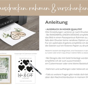 Pu&ograve; includere: Un invito di nozze stampabile con un design a forma di cuore in legno e vegetazione. Il testo recita "Natalie & Patrick" e "Liebe & Gute" con una data e un messaggio. Sono incluse istruzioni per stampare e incorniciare l'invito.