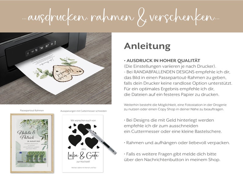 Pu&ograve; includere: Un invito di nozze stampabile con un design a forma di cuore in legno e vegetazione. Il testo recita "Natalie & Patrick" e "Liebe & Gute" con una data e un messaggio. Sono incluse istruzioni per stampare e incorniciare l'invito.