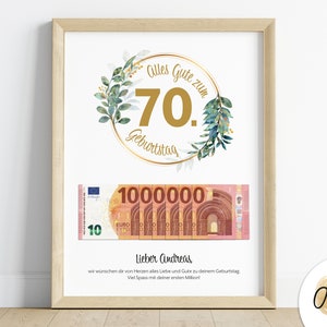 presente personalizado em dinheiro para aniversário de 70 anos | primeiro presente de aniversário de um milhão | download digital de última hora em PDF | ideia de presente dinheiro