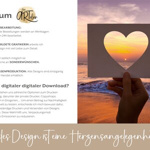 May include: A graphic design illustration with the text "das arteler" and the text "Warum" in a large font. The text below explains the benefits of purchasing digital downloads, including fast turnaround times, personalized designs, and environmentally friendly practices. The text also includes the phrase "Jedes Design ist eine Herzensangelegenheit..." which translates to "Every design is a matter of the heart..."