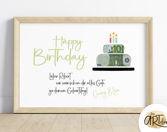 personalisiertes Geldgeschenk zum Geburtstag | mit Namen personalisiert | Geburtstagsgeschenk | Bild | Poster | persönliches Geschenk Kuchen